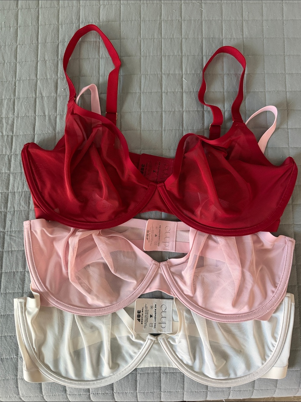 CUUP Sheer Mesh Underwire Bra Trio — Red, Light Pink, Ivory